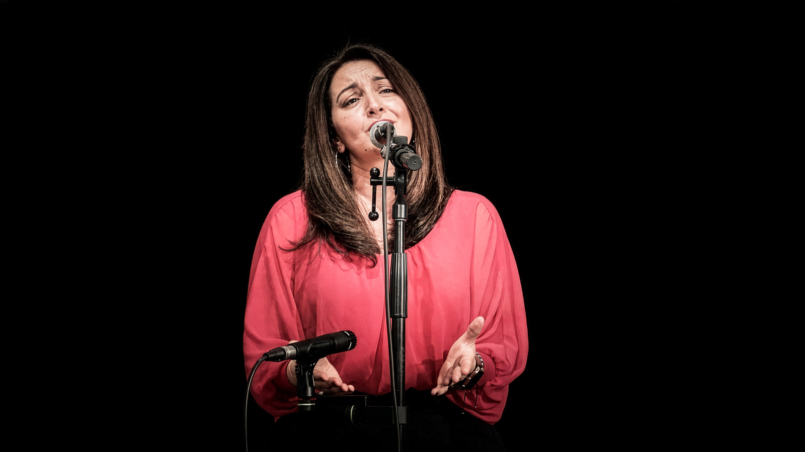 Samira Ramrami, singer of the Herencia tablao, at the microphone